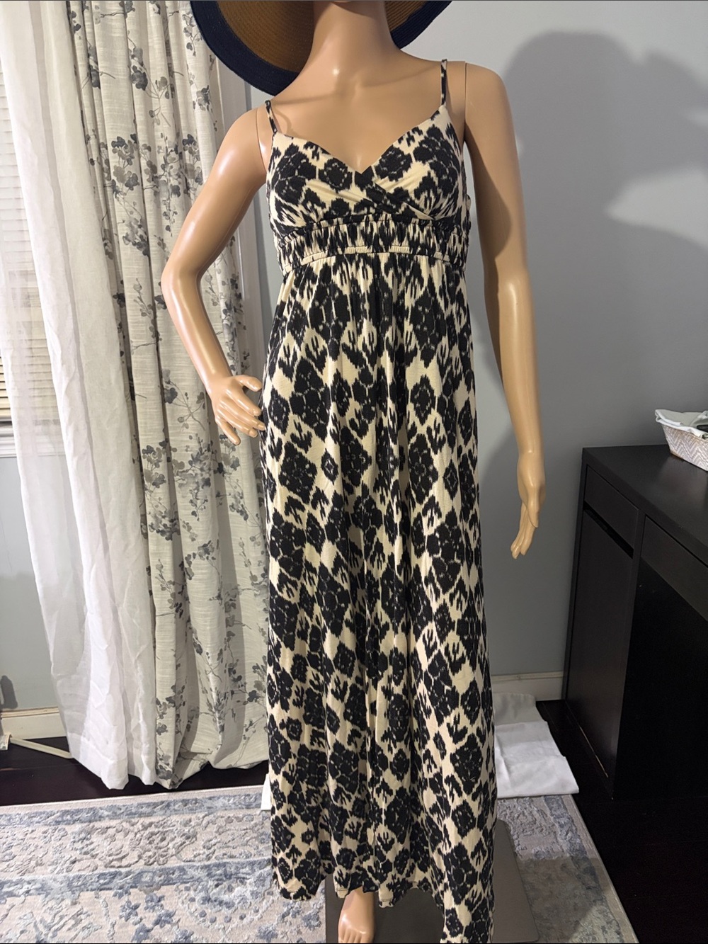 LOFT Black and Cream Ikat-Print Maxi Dress